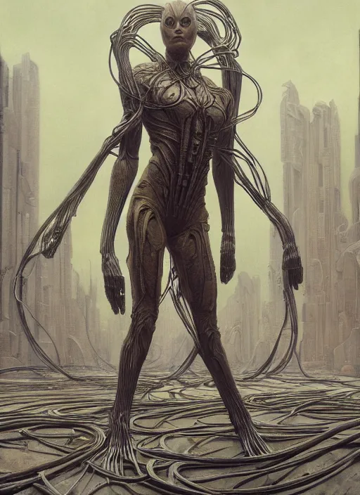 Prompt: Wanda Maximoff, dynamic pose, standing in a h.r. giger city, glowing, wires everywhere, by Edgar Maxence and Ross Tran, Zdzisław Beksiński, and Michael Whelan, distant, gustav dore, H.R. Giger, 8k, octane render