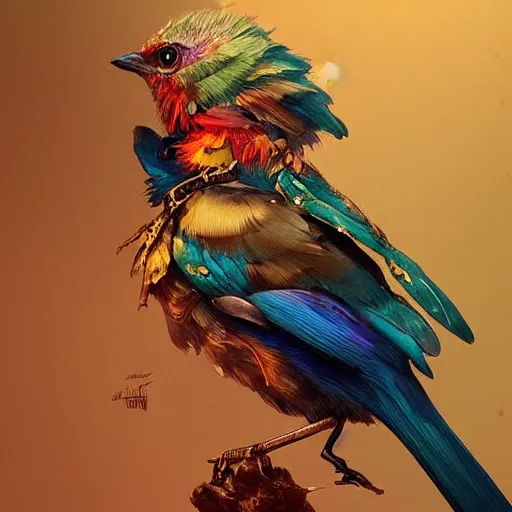 Image similar to close up of colorful bird, golden crown, dark, rusty, highly detailed, digital painting, artstation, concept art, smooth, sharp focus, illustration, art by artgerm and greg rutkowski and alphonse mucha