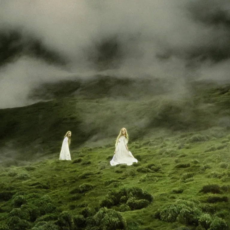 Prompt: bright and moody 1 9 7 0's artistic technicolor spaghetti western film, a large huge group of women in a giant billowing wide long flowing waving shining bright white dresses made of white smoke, standing inside a green mossy irish rocky scenic landscape, volumetric lighting, backlit, moody, atmospheric, fog, extremely windy, soft focus