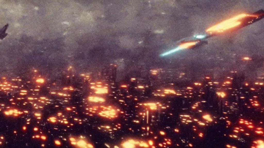 Prompt: spaceship flying over city, a screenshot of blade runner