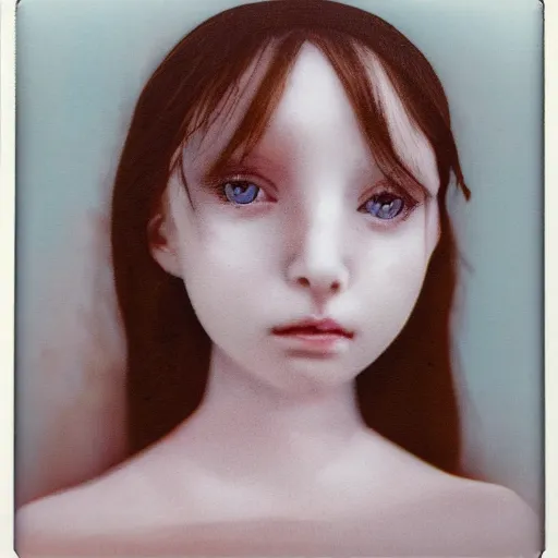 Prompt: a porcelain portrait of a girl is melting like an ice cream, realistic detailed photography polaroid