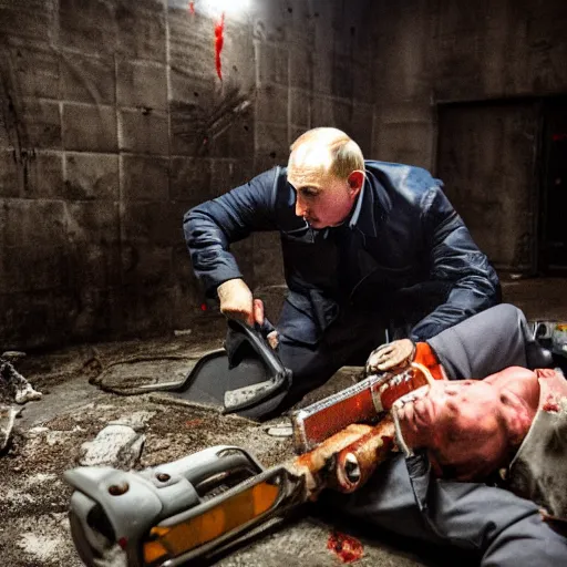 Image similar to putin with a chainsaw and a corpse. in a concrete bunker. focus on putins face with blood splatters. canon eos r 3, f / 1. 4, iso 1 6 0 0, 1 / 8 0 s, 8 k, raw, grainy