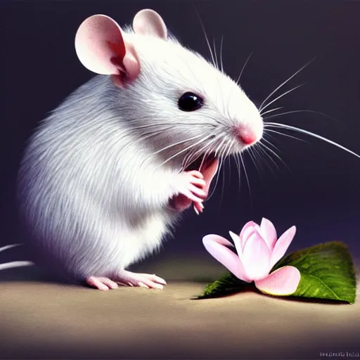 Image similar to photo realistic white rat holding a flower cinematic composition, hyper realism, cute