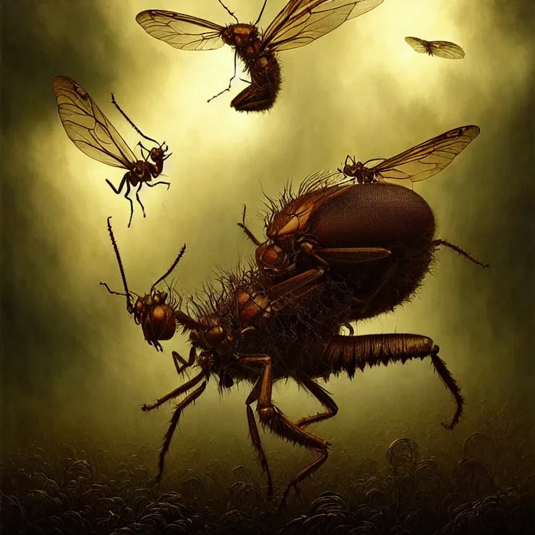 Image similar to epic professional digital art of startling hungry insects, faint golden moody atmospheric lighting, painted, intricate, detailed, detailed, foreboding, by leesha hannigan, wayne haag, reyna rochin, ignacio fernandez rios, mark ryden, iris van herpen,, epic, stunning, gorgeous, much wow, cinematic, masterpiece.