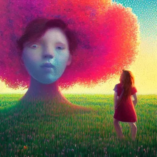 Prompt: girl with giant flower as a face, flower field, big trees, sunrise dramatic light, impressionist painting, colorful clouds, digital painting, pointillism, artstation, simon stalenhag