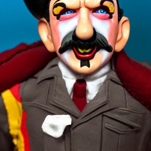 Image similar to adolf hitler clown action figure, well lit, studio light, painted action figure, toy advertisement, toy package