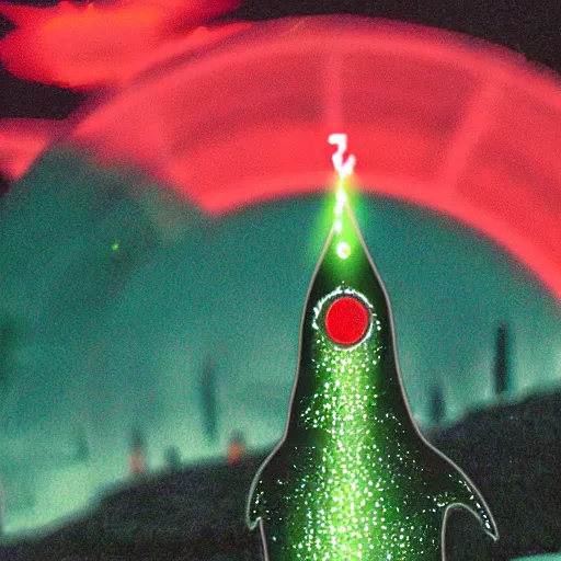 Image similar to penguin with red glowing eyes in front of a green glowing tower in the background, lord of the rings style