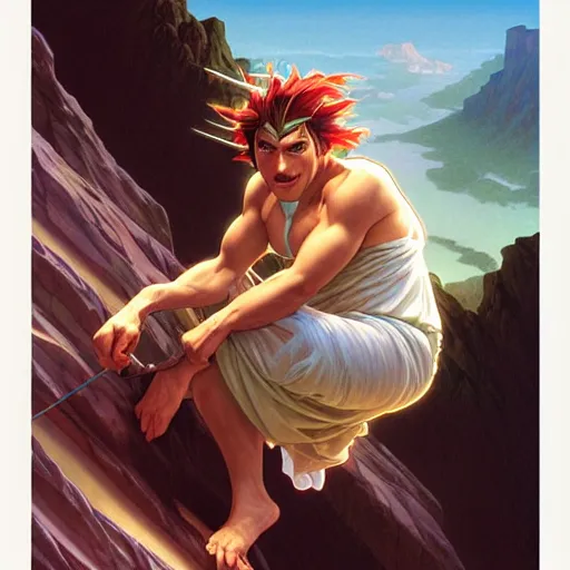 Prompt: cinematic painting of tomba!!!!!!!!!!!!!!!!! climbing a windy mountain, by artgerm, greg hildebrant, alphonse mucha, dan mumford