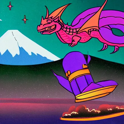 Image similar to a purple dragon fighting a retro spaceship with a volcano in the background