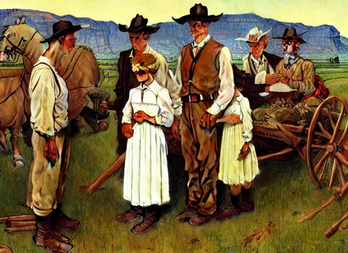 Image similar to mormon pioneers by norman rockwell, highly detailed