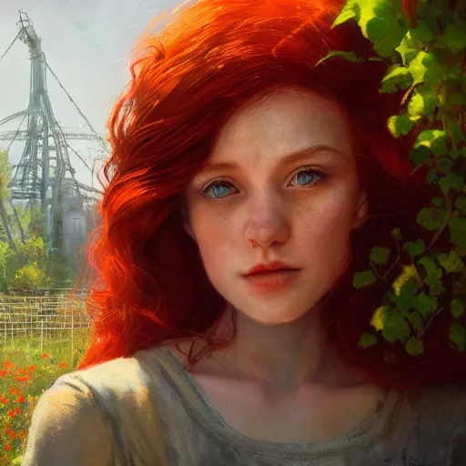 Image similar to red hair girl, chernobyl powerplant, disneyland castle, rubble, flowers, vines, hyperrealistic, highly detailed, cinematic, single ray of golden sunlight, beautiful, cgssociety, artstation, 8 k, oil painting by greg rutkowski, by artgerm, by wlop