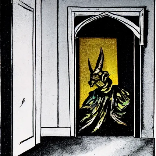 Image similar to there's a devil hiding behind your door, by Francis Bacon, beautiful, eerie, surreal, colorful