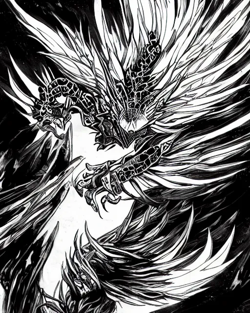 Prompt: A phoenix, black and white, epic, highly detailed, close-up, fantasy art, dragon art, in the style of masami kurumada, illustration, epic, fantasy, intricate, hyper detailed, artstation, concept art, smooth, sharp focus, ray tracing