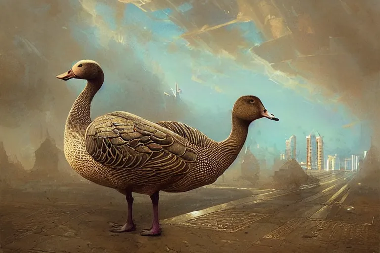 Image similar to A solarpunk very highly detailed anhtropomorphic Goose with very highly detailed face on the street of a very highly detailed solarpunk sci-fi city digital rational painting art by Greg Rutkowski, sci-fi highly detailed, digital concept art, Dimensional cyan gold natural light, sharp focus, Golden Ratio illustration, realistic concept art by Stephen Hickman and James Gurney and Hiromasa Ogura Ghost in the Shell rendered in Octane Render, From the distance