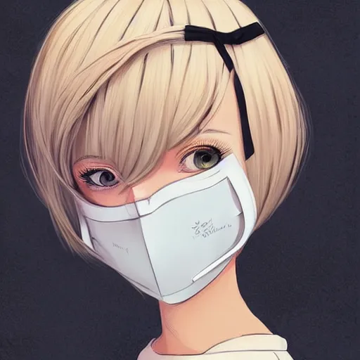 Image similar to urban girl fanart with black facemask, blond bob haircut, muted colors, matte print, pastel colors, ornate, digital art, cute smile, digital painting, fan art, elegant, pixiv, by ilya kuvshinov, by studio ghibli