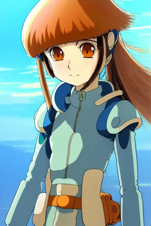 Image similar to anime art full body portrait character nausicaa concept art, anime key visual of elegant young female, brown hair and large eyes, finely detailed perfect face delicate features directed gaze, sunset in a valley, trending on pixiv fanbox, studio ghibli, extremely high quality artwork by hayao miyazaki by kushart krenz cute sparkling eyes