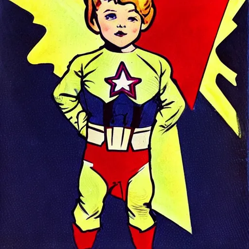 Prompt: a little boy with a mischievous face and short ginger hair. he is dressed as captain america, spider - man, batman, captain marvel, a superhero. well composed, clean elegant painting, beautiful detailed face. by steve ditko and jack kirby and ( alphonse mucha )