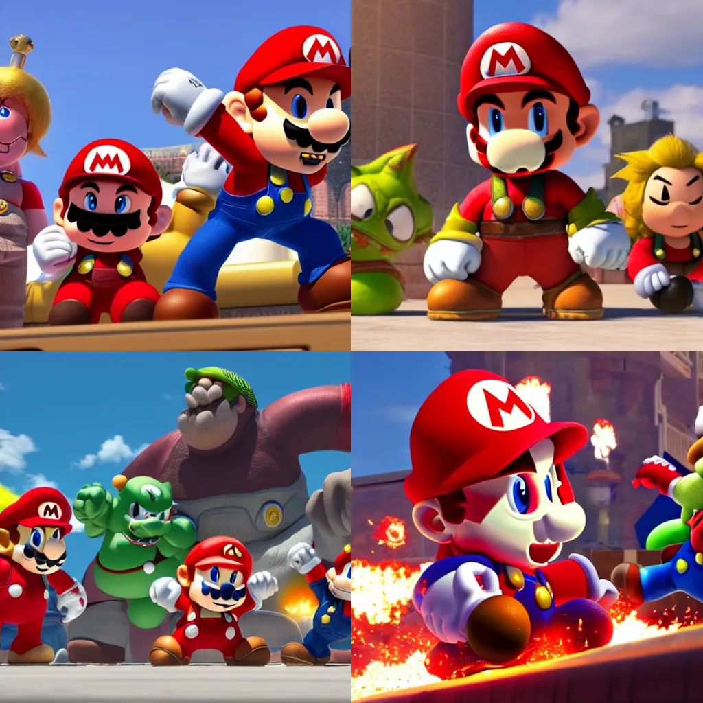Prompt: A badass photo of Mario, Bowser, Peach, Shy Guy and Toad in marvel movie, 8K, film render, extremely detailed, rendered in Octane