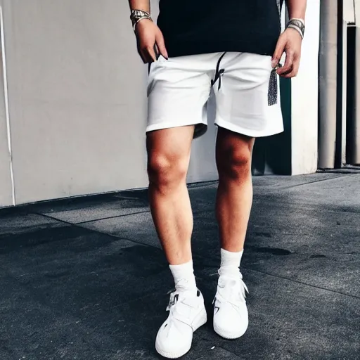Image similar to person wearing'off - white'long t shirt and shorts with a different color stylish, hd, full body