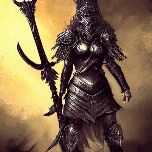 Prompt: Valkyrie wielding an ornate spear; dark fantasy, concept art, dark souls