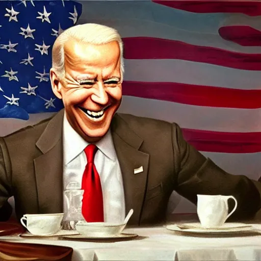 Image similar to a photorealistic oil painting of joe biden laugh in tea party with osama bin laden, justify content center, hyper realistic content, frontal hyperdetailed realistic content, sharp focus, intricate, baroque, delete duplicate content