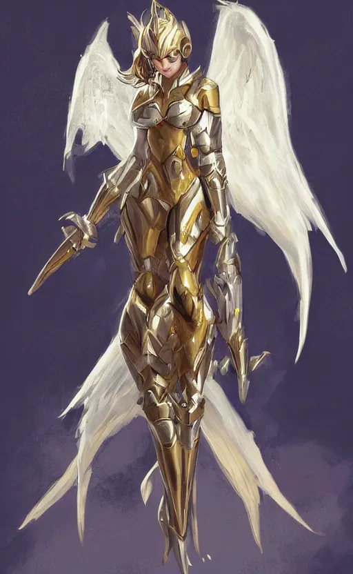 Image similar to Concept art, angel knight girl in golden and silver armor adorned with sapphire gems, artstation trending, cinematic, highly detailded