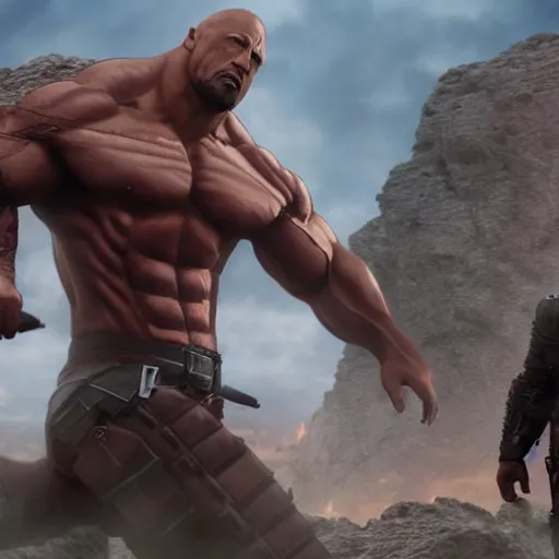 Prompt: dwayne johnson as a titan in attack on titan. intricate. very detailed 8 k. fantasy horror. sharp. cinematic post - processing. unreal engine.