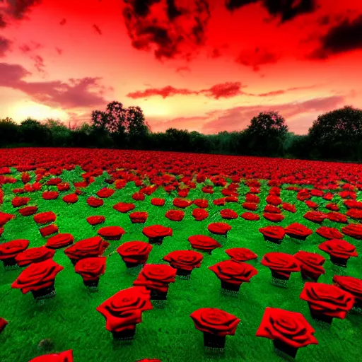 Image similar to graveyard filled with red roses while it's the most beautiful sunset and white clouds