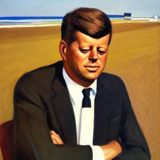 Prompt: portrait of john f kennedy, older, graying hair, standing on a beach, oil on canvas by edward hopper 1 9 8 0