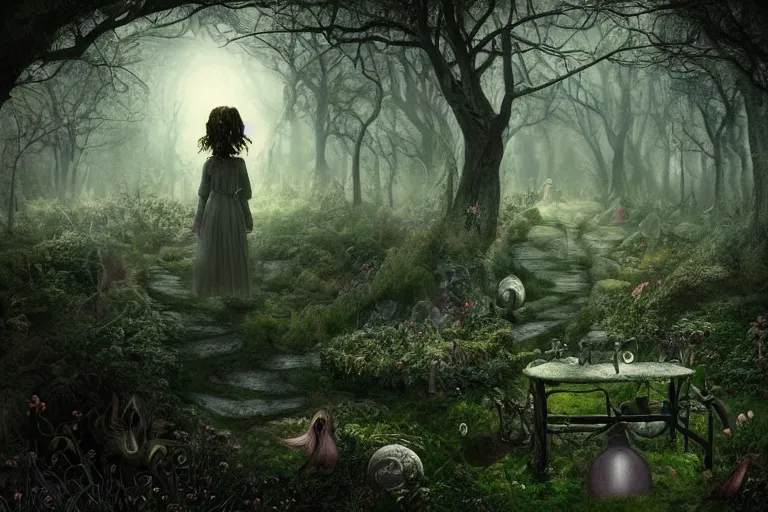 Prompt: secret garden, dark, spooky, dreamlike, in the style of pan's labyrinth movie, hyperrealistic, coherent composition, artstation, matte painting, concept art