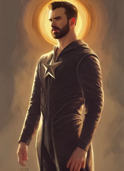 Prompt: Chris Evans as Lucifer morningstar, slight smile, highly detailed, digital painting, artstation, concept art, sharp focus, illustration, art by wlop and J. C. Leyendecker and Edmund Bliar Leighton and Charlie Bowater