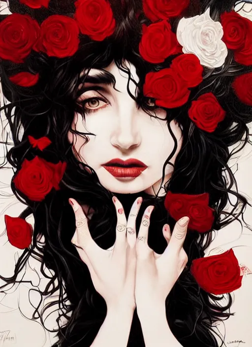 Image similar to portrait of kate bush against a dark background, lush black hair, pale skin, white and red roses, flowing material, intricate, beautiful cinematic lighting, stunning painting by artgerm, caravaggio, android jones, wadim kashin