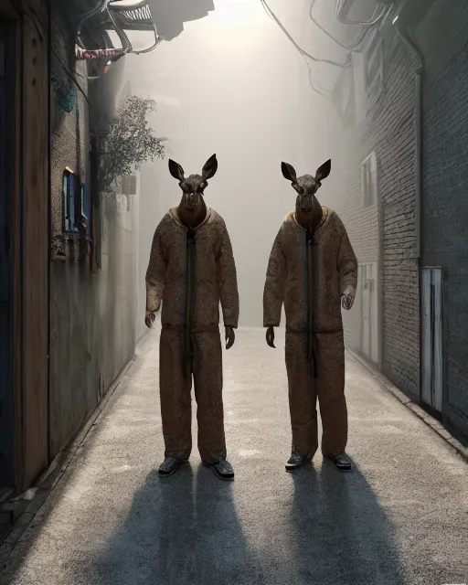 Prompt: artstation scifi scene of two deer - headed suit people, in a chinese town narrow alley, dim lights, long shadows, summer unreal engine 5, hyper realism, realistic shading, cinematic composition, blender render, octane render, hdr, detailed textures, photorealistic, wide shot