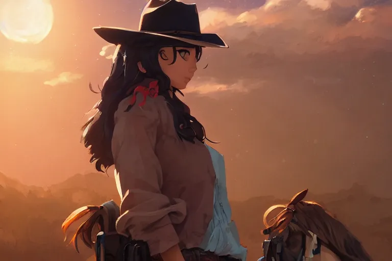 Prompt: western cowgirl, single subject, scenic full shot, ambient starry night lighting, detailed face, by makoto shinkai, stanley artgerm lau, wlop, rossdraws