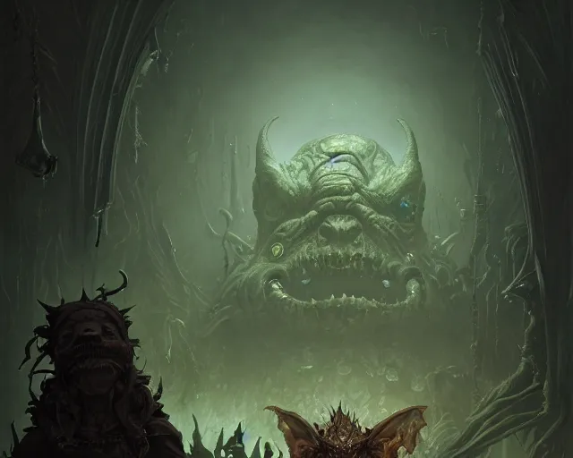 Image similar to 4 k cinematic still portrait of a goblin in a dark liminal space room, nurgle, deep focus, d & d, fantasy, intricate, repulsive, highly detailed, digital art, art station, concept art, matte, sharp focus, illustration, dark fantasy art, hearthstone, art by artgerm and greg rutkowski and alphonse mucha