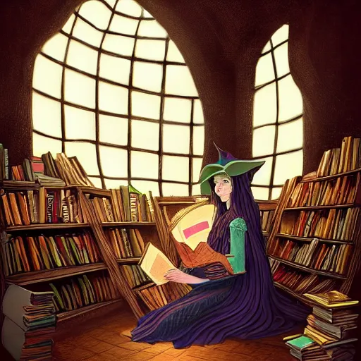 Prompt: An elaborately detailed portrait of a beautiful witch and her cat, reading a book at a library, dreamscape maximized, cinematic lighting, fantasy art illustration, trending on Artstation