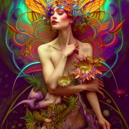 Image similar to An extremely psychedelic fairy queen, surreal, dramatic lighting, magic mushrooms, psilocybin, LSD, face, detailed, intricate, elegant, lithe, highly detailed, digital painting, artstation, concept art, smooth, sharp focus, illustration, art by Krenz Cushart and Artem Demura and alphonse mucha