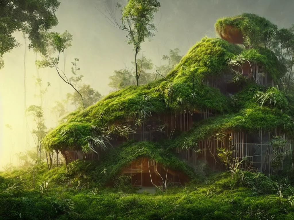 Prompt: beautiful organic house made from strange plants, in a forest, architectural render, futuresynth, chillwave, vegetal architecture, blender, sunrise, ((mist)), junglepunk, trending on artstation, by gal barkin