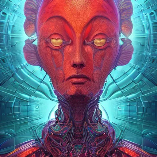 Image similar to Face of a Alien Deity, centered, corals, plume made of geometry, epic proportions, extremly detailed digital painting, sharp focus in the style of android jones, artwork of a futuristic artificial intelligence superstar with frames made of detailed circuits, mystical colors, rim light, beautiful lighting, 8k, stunning scene, raytracing, octane, under water visual distortion, dark tones colors, trending on artstation