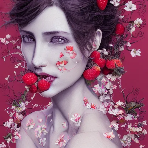 Image similar to the portrait of an absurdly beautiful, graceful, elegant, sophisticated, fashionable woman made of strawberries and white petals looking down, an ultrafine hyperdetailed illustration by kim jung gi, irakli nadar, intricate linework, bright colors, octopath traveler, final fantasy, unreal engine 5 highly rendered, global illumination, radiant light, detailed and intricate environment