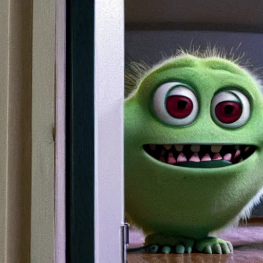 Image similar to still of mike wazowski on the broken door in the shining movie