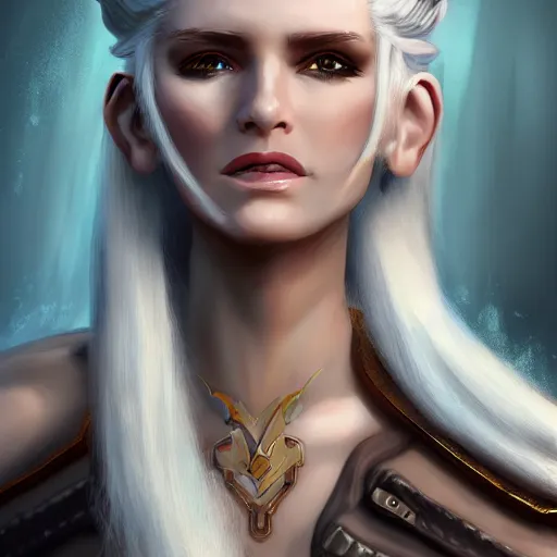 Prompt: fantasy portrait of a female human adventurer with white skin, white hair, white eyes without pupils, slightly - pointed ears, short wavy hair, eyebrow scar, trending on artstation, gentle smile, friendly, warm and welcoming, geode cave background