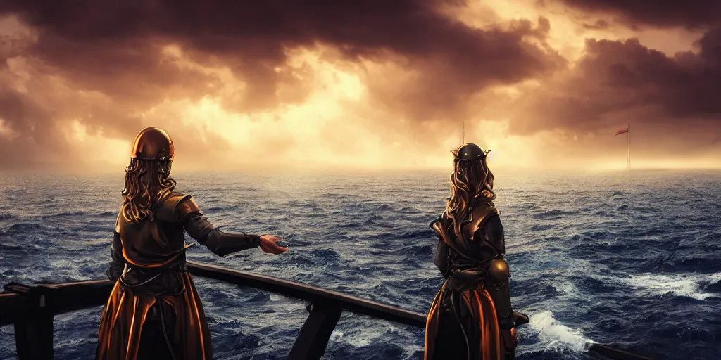 Prompt: epic medieval woman ship pilot standing at the bow of a ship at sea from behind, dramatic dark glowing golden neon sunset with thick wall of storm clouds and turbulant seas, dynamic lighting, hyperrealistic, hd 4 k, artstation