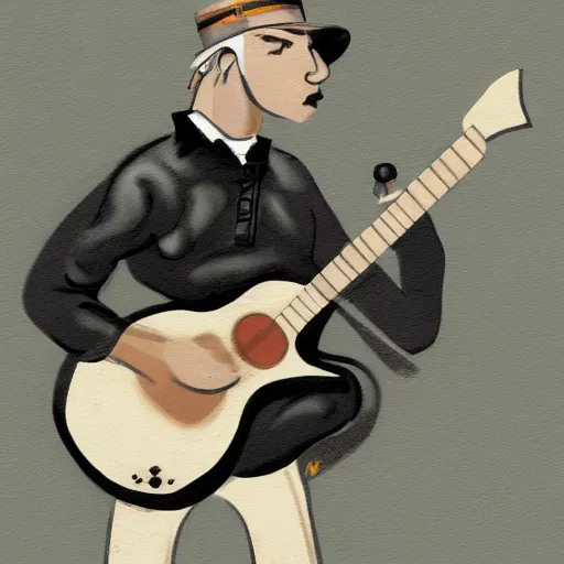 Image similar to concept art of a black mouth cur playing guitar