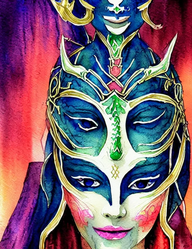 Prompt: elven masked deity. this watercolor painting by an indie artist has an interesting color scheme, plenty of details and impeccable lighting.