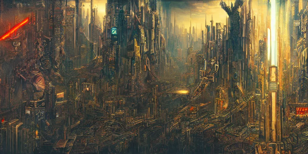 Image similar to Cyberpunk City in style of Gustave Moreau. Symbolism, Detailed Art, 8K, Epic, Dynamic Lightning.