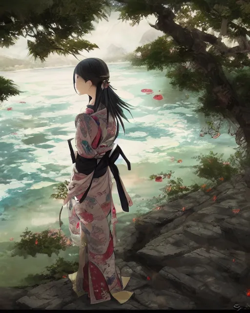 Prompt: an anime landscape of a girl wearing a kimono, near the river in a japanese summer festival from skyrim, by stanley artgerm lau, wlop, rossdraws, james jean, andrei riabovitchev, marc simonetti, and sakimichan, trending on artstation