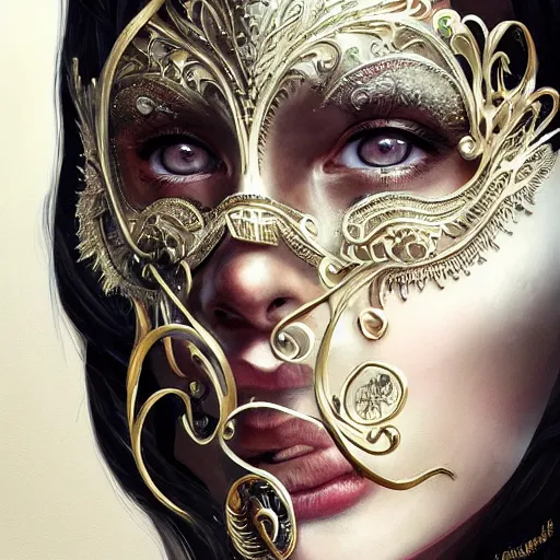 Image similar to Very very very very highly detailed epic photo of face with venetian mask, intricate, dystopian, sci-fi, extremely detailed, digital painting, artstation, concept art, smooth, sharp focus, illustration, intimidating lighting, incredible art by Artgerm