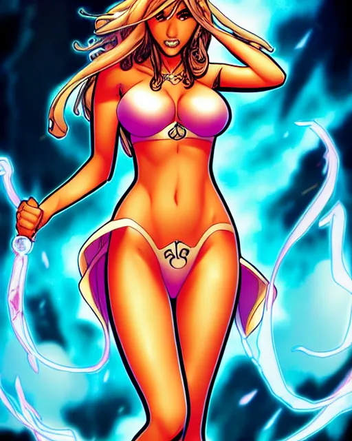 Prompt: sakimi chan comicbook cover art, jessica alba as aphrodite ix