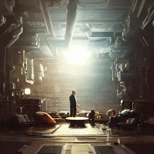 Image similar to scene of elon musk, mark zuckerberg, jeff bezos, in meeting together, very detailed, art contest winner on behance, trendy on deviant art, by artgem, greg rutkowski